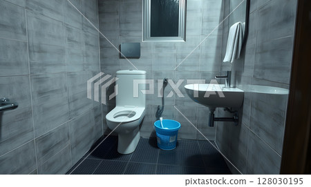An interior shot of a modern bathroom, featuring a toilet, sink, and tiled walls. 128030195
