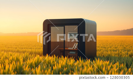 Modern black cabin in a field of wheat with a warm sunset in the background 128030305