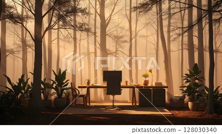 An office desk setup with computer and plants in a foggy forest, a relaxing workspace. 128030340