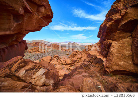 Redstone Dune Desert Landscape with Red Rock Formations Eye-Level View 128030566