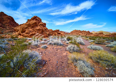 Red Rock Formations and Desert Terrain Under Blue Sky Eye Level View 128030574