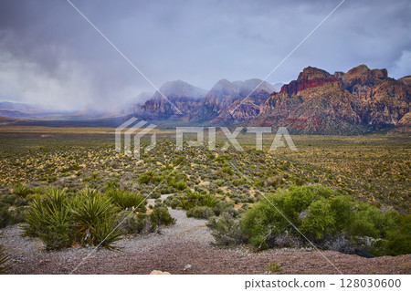 Red Rock Canyon Misty Mountains and Desert Wilderness Eye-Level View Red Rock Canyon Misty Mountains and Desert Wilderness Eye-Level View 128030600