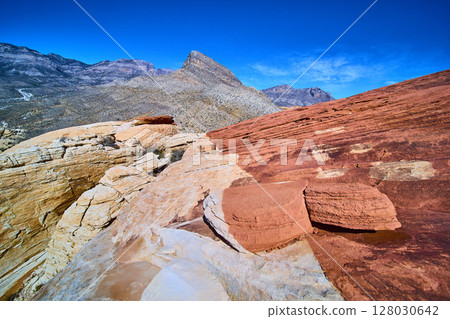 Red Rock Canyon Sandstone Formations Against Blue Sky Eye-Level View 128030642
