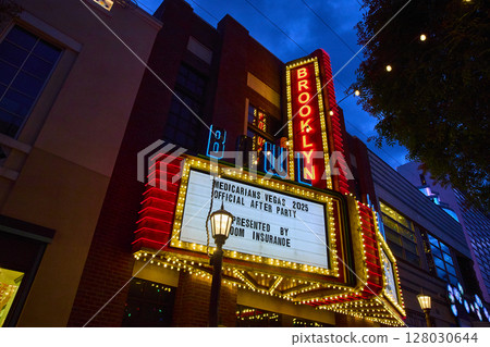 Vibrant Neon Facade of Brooklyn Bowl Las Vegas at Twilight View from Below 128030644