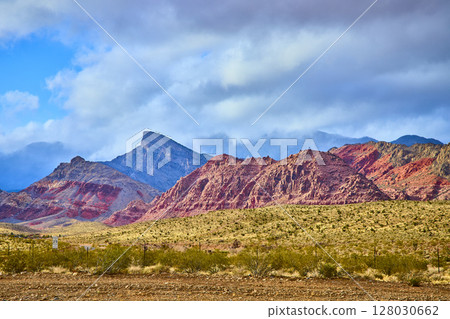 Red Rock Canyon Rugged Mountains with Desert Vegetation Eye-Level View 128030662