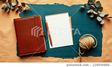 Aesthetic shot of a brown leather journal, blank paper, and sprigs on a teal surface 128030808