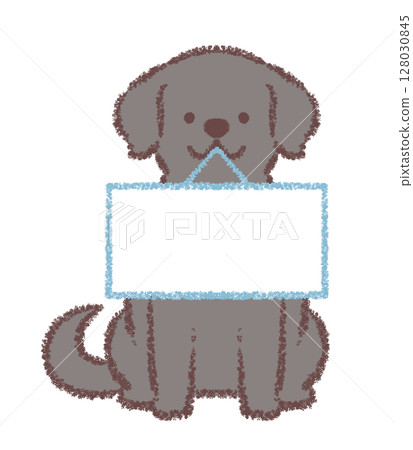 A black Labrador retriever sitting facing forward and holding a sign A black Labrador retriever sitting facing forward and holding a sign 128030845