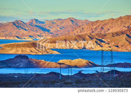 Lake Mead Desert Mountains with Power Lines at Golden Hour 128030873