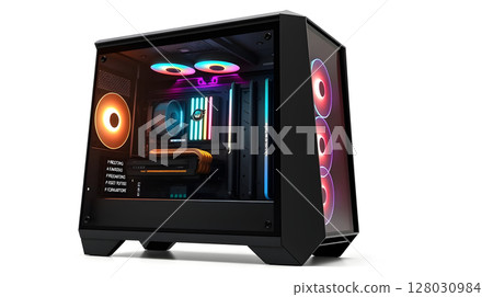 A sleek black computer case with RGB lighting and transparent side panel. 128030984
