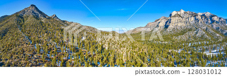 Aerial of Mt Charleston Snowy Peaks and Evergreen Forests 128031012