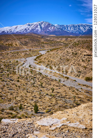 Snow-Capped Mountains and Desert Floor in Mojave Midday Perspective Snow-Capped Mountains and Desert Floor in Mojave Midday Perspective 128031027