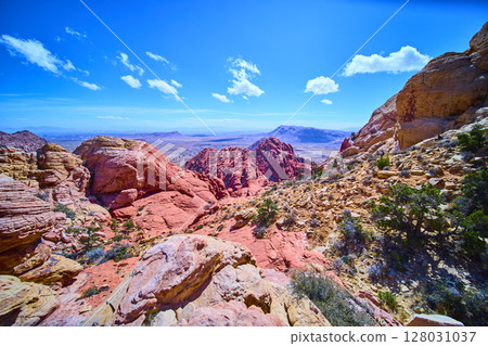 Red Rock Canyon Sandstone Formations with Blue Sky at Eye Level Red Rock Canyon Sandstone Formations with Blue Sky at Eye Level 128031037