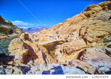 Hikers in Red Rock Canyon Desert Landscape Aerial 128031079