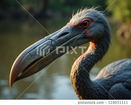 Shoebill Stork Macro Portrait, Textured Beak in Natural Light 128031111