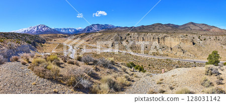 Desert Road and Snow-Capped Mountains Panoramic View Desert Road and Snow-Capped Mountains Panoramic View 128031142