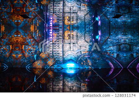 Kaleidoscopic Digital Art with Blue Light Reflection in Motion Kaleidoscopic Digital Art with Blue Light Reflection in Motion 128031174
