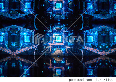 Futuristic Geometric Patterns with Reflective Symmetry Eye-Level View Futuristic Geometric Patterns with Reflective Symmetry Eye-Level View 128031190