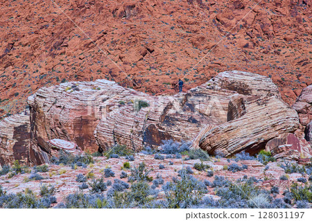 Red Rock Formations and Hiker at Kraft Mountain Eye-Level View Red Rock Formations and Hiker at Kraft Mountain Eye-Level View 128031197