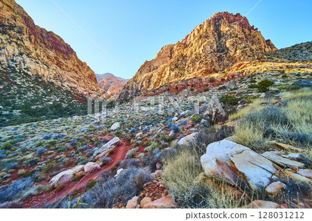 Golden Sandstone Cliffs and Desert Path at Red Rock Canyon Eye-Level View Golden Sandstone Cliffs and Desert Path at Red Rock Canyon Eye-Level View 128031212