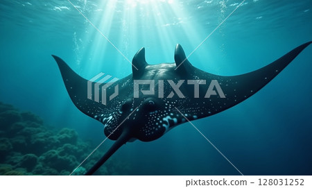 Sunlit Manta Ray Glide, Clear Tropical Ocean 128031252