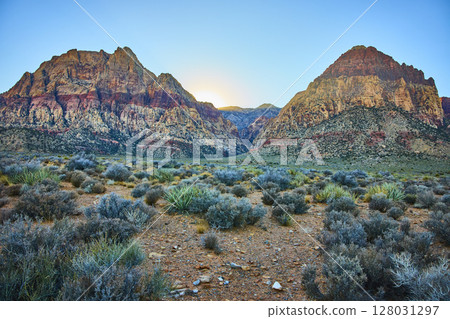 Red Rock Canyon Sunrise with Majestic Cliffs Eye-Level View 128031297