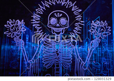 Neon Skeleton with Flowers Day of the Dead Art in Motion Neon Skeleton with Flowers Day of the Dead Art in Motion 128031329