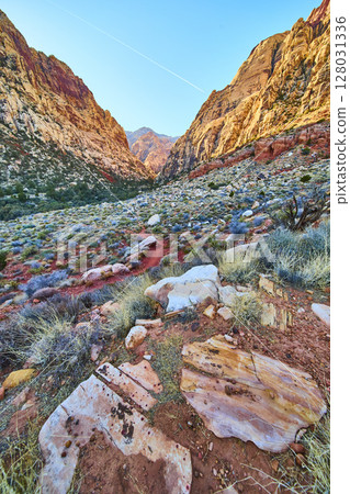 Red Rock Canyon Desert Pathway and Sunlit Cliffs Low Perspective Red Rock Canyon Desert Pathway and Sunlit Cliffs Low Perspective 128031336