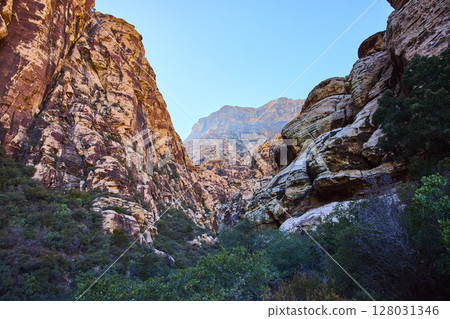 Rugged Canyon Landscape with Red Rock Formations Eye-Level Perspective 128031346