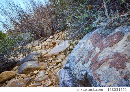 Rugged Red Rock Boulders in Arid Nevada Landscape Elevated View 128031351