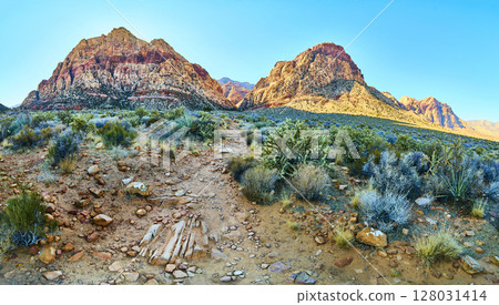Red Rock Canyon Peaks and Desert Path at Golden Hour Perspective Red Rock Canyon Peaks and Desert Path at Golden Hour Perspective 128031414
