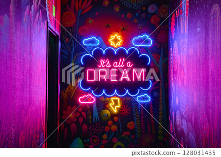 Neon Dreamscape Hallway with Whimsical Mural Eye-Level Perspective 128031435