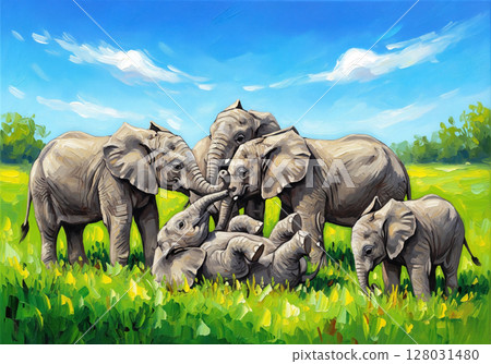 Impressionistic painting of an elephant family playing in a vibrant green meadow. Wildlife Animals. Impressionistic painting of an elephant family playing in a vibrant green meadow. Wildlife Animals. 128031480