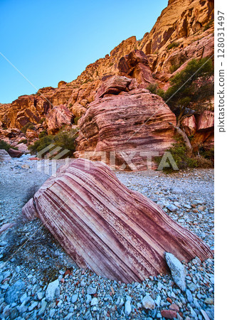 Banded Rock Formations and Cliffs in Red Rock Canyon Ground Level View 128031497