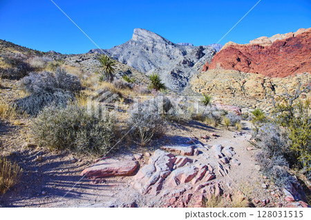 Rugged Kraft Mountain Desert Landscape with Clear Sky Eye-Level View Rugged Kraft Mountain Desert Landscape with Clear Sky Eye-Level View 128031515
