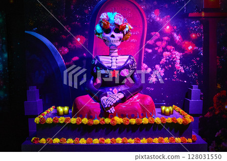 Day of the Dead Altar with Skeleton and Marigolds Eye-Level View Day of the Dead Altar with Skeleton and Marigolds Eye-Level View 128031550