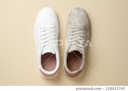 Clean white sneaker versus worn dirty shoe Clean white sneaker versus worn dirty shoe 128031745