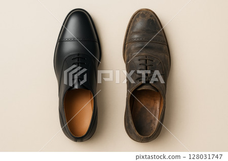 Shiny new dress shoe versus worn out old shoe Shiny new dress shoe versus worn out old shoe 128031747
