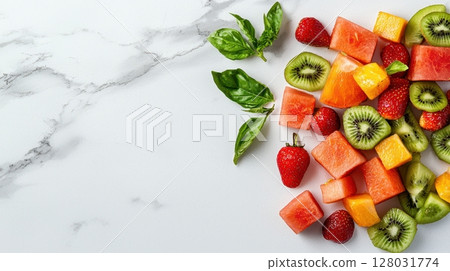 Colorful Fresh Fruits and Green Basil Leaves on Marble Countertop 128031774