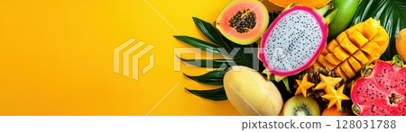 Vibrant Tropical Fruit Arrangement with Exotic Colors on Bright Background 128031788