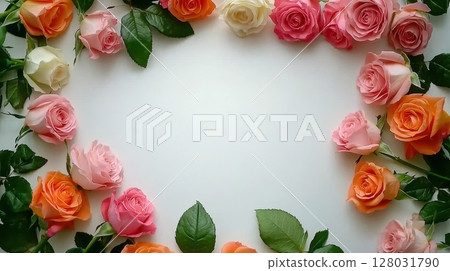 Colorful Rose Flowers Frame on a White Background for Celebrations and Events 128031790