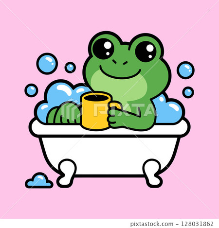 Cute Frog Relaxing in Bathtub with Mug Cute Frog Relaxing in Bathtub with Mug 128031862