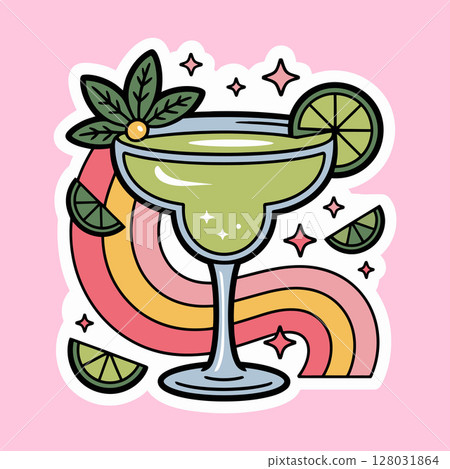 Retro Margarita Cocktail with Lime and Rainbow Illustration Retro Margarita Cocktail with Lime and Rainbow Illustration 128031864
