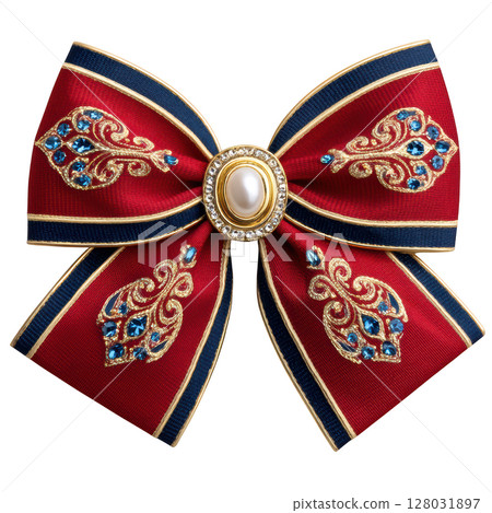 Elegant Red Bow with Gemstone Accents and Pearl Centerpiece for Fashion and Decorative Use 128031897