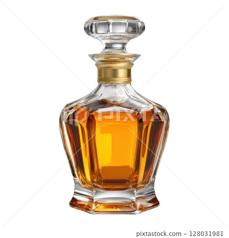Elegant Glass Decanter Filled with Amber Liquid, Capturing Luxury and Sophistication for Home Bar Decor Elegant Glass Decanter Filled with Amber Liquid, Capturing Luxury and Sophistication for Home Bar Decor 128031981