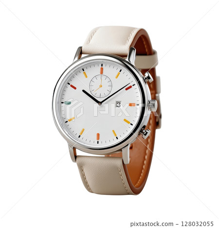 Elegant Smart Watch with Minimalist Design and Colorful Markers on White Dial for Modern Fashion Accessories 128032055