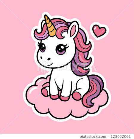 Cute Unicorn Sitting on Cloud with Heart 128032061