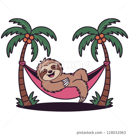 Cute Sloth Relaxing in Hammock Between Palm Trees Cartoon Illustration 128032063