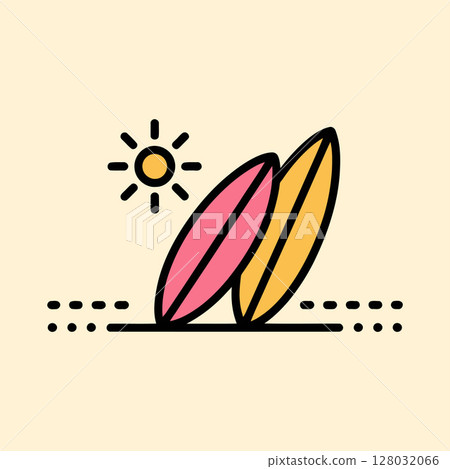 Minimal Surfboards on Beach with Sun Line Art Illustration Minimal Surfboards on Beach with Sun Line Art Illustration 128032066