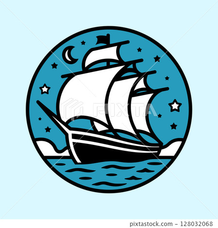 Vintage Sailing Ship at Night Vector Illustration Vintage Sailing Ship at Night Vector Illustration 128032068
