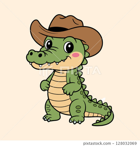 Cute Cartoon Crocodile Wearing Cowboy Hat Illustration 128032069